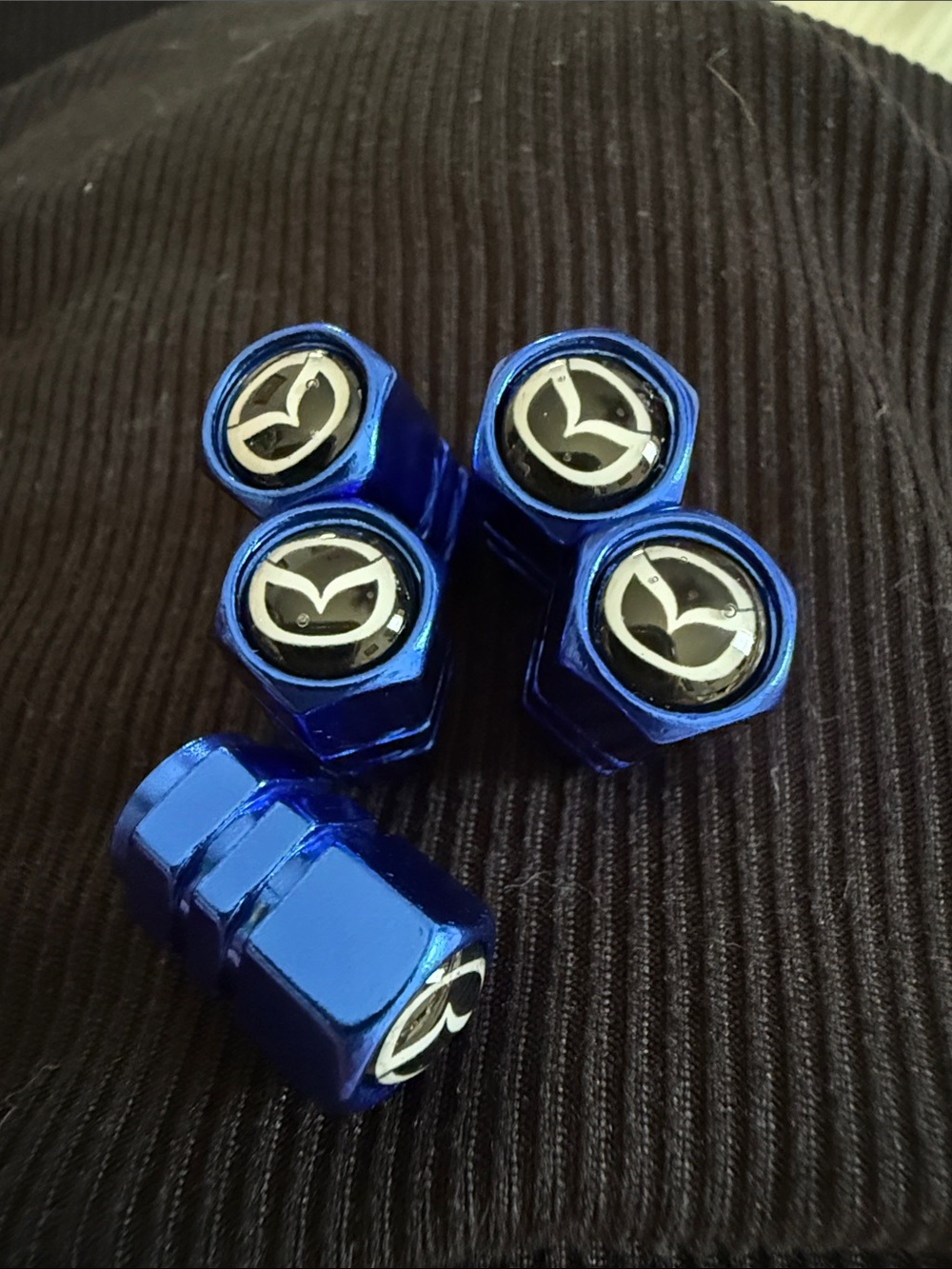 New Mazda Blue Metallic Tire Valve Stem Caps set of 5